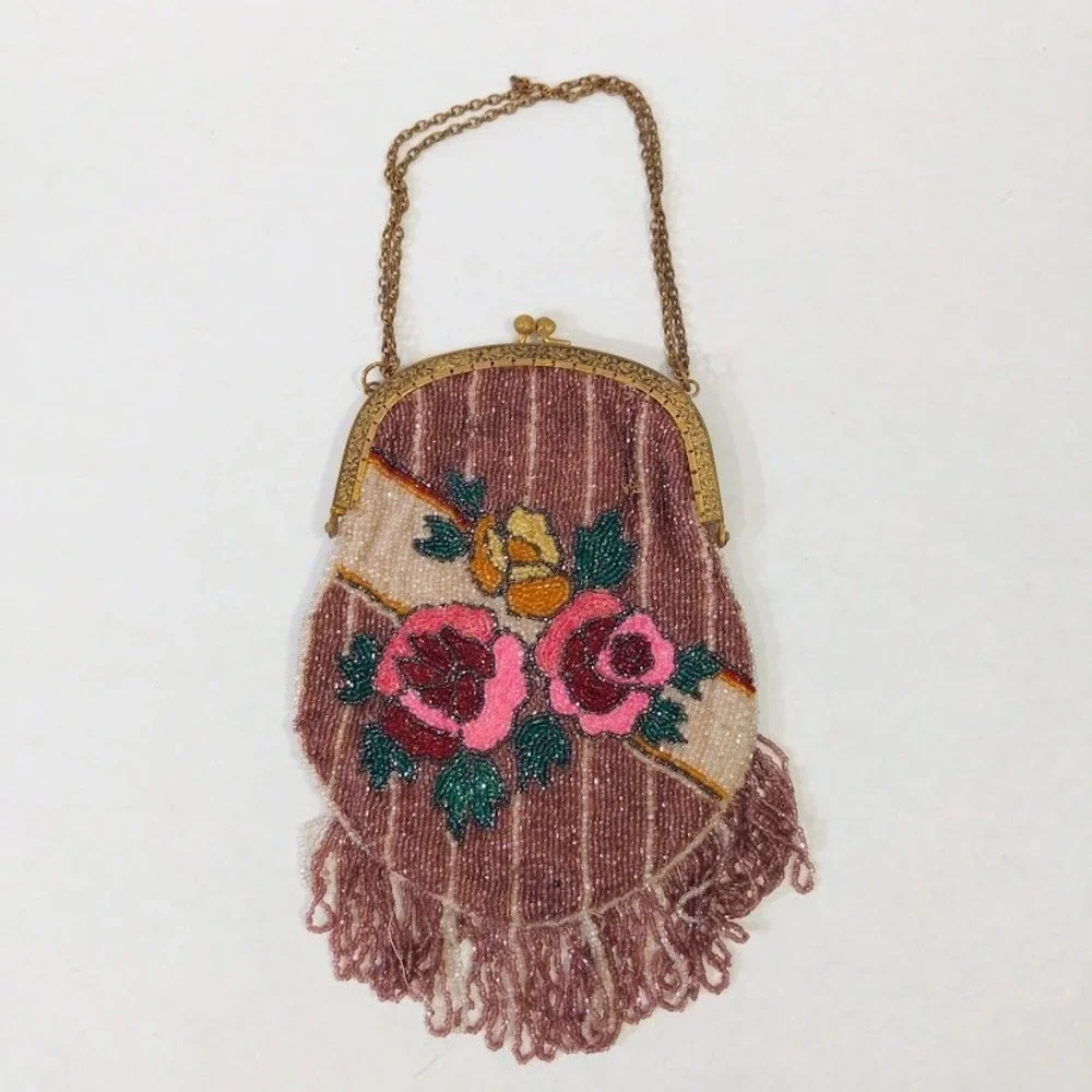 Antique 1920s Micro Beaded Purse Rose Floral Flapper Bag w/ Mirror 1929 Card Vtg